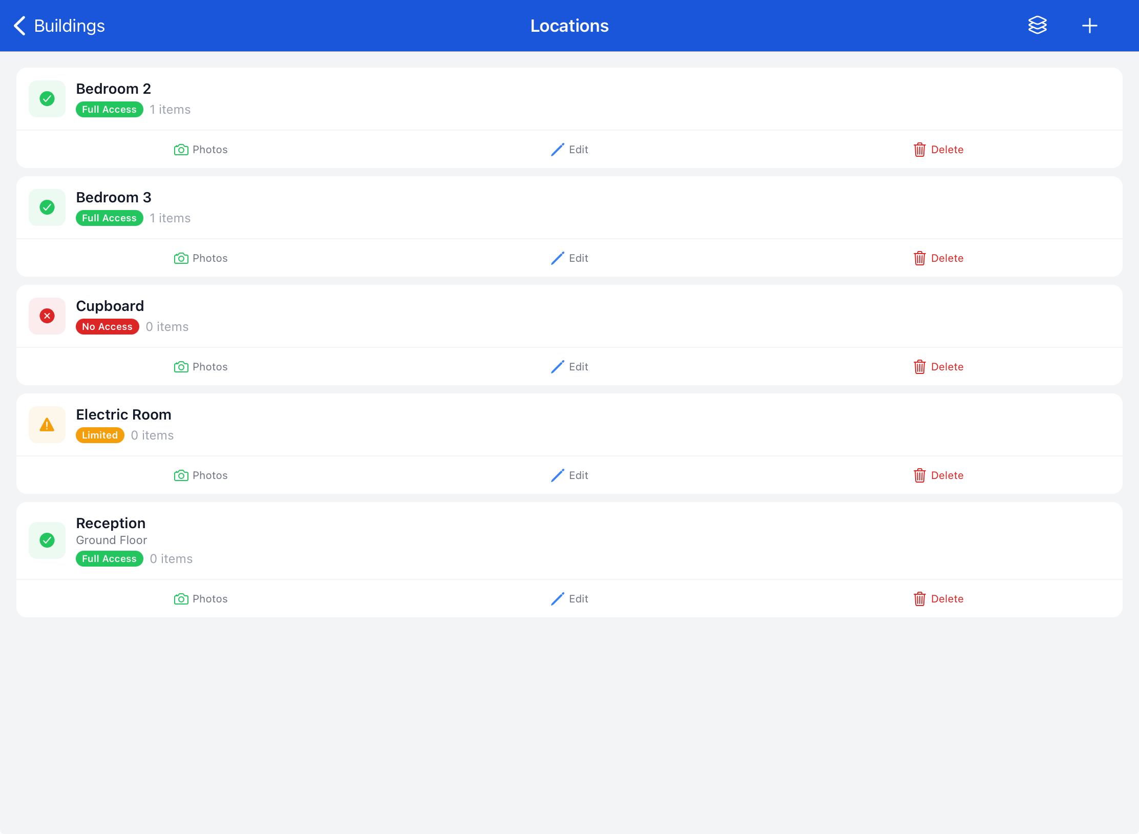Smart Risk locations list on iPad showing rooms with access status and item counts